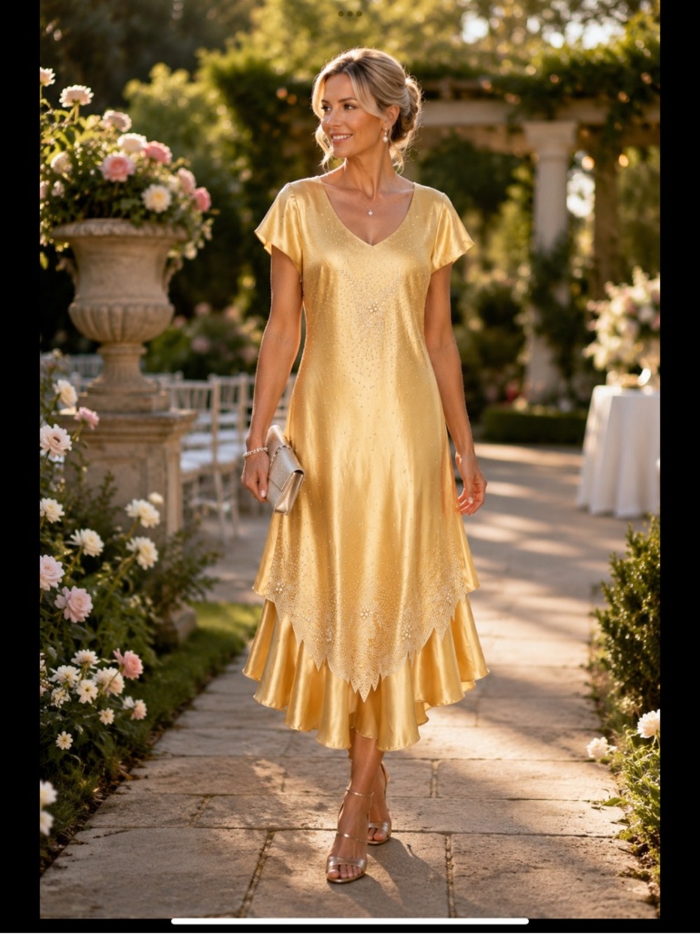 Vintage Gold Bias Cut Beaded Satin Evening Dress Art Deco Tea Length Rory USA